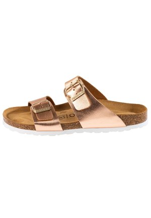 Copper metallic slide sandal with two adjustable buckle straps, contoured cork footbed, and white rubber sole. Lightweight and minimalist design.