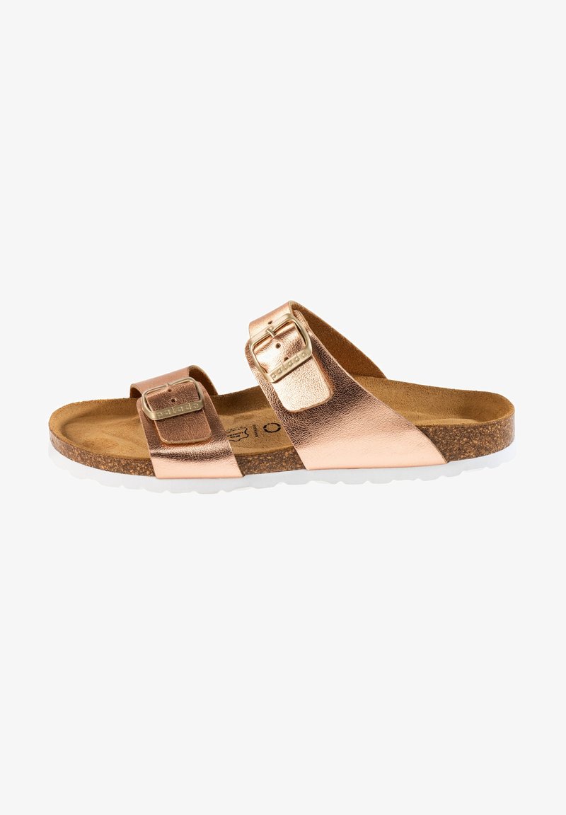 Kopparfärgad metallisk slide-sandal med två justerbara spännen, konturerad korkfotbädd och vit gummisul. Lättviktig och minimalistisk design.
