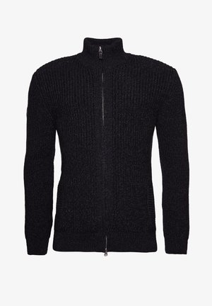Schwarzer, dicker, gestrickter Pullover mit durchgehendem Reißverschluss, hohem Kragen und langen Ärmeln, mit Rippstruktur und seitlichen Taschen.
