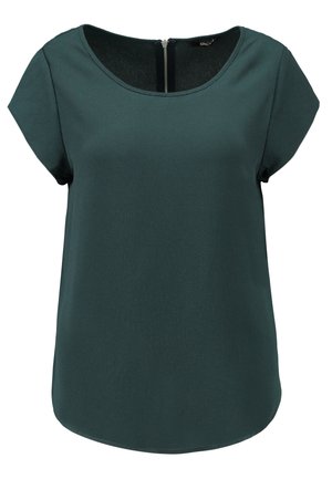 Mørkegrønt kortærmet top lavet af glat stof, med rund halsudskæring og en lynlås bagpå. Simpelt, udekoreret design.