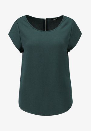 Haut à manches courtes de couleur vert foncé en tissu lisse, avec un col rond et une fermeture éclair au dos. Design simple et sans ornements.