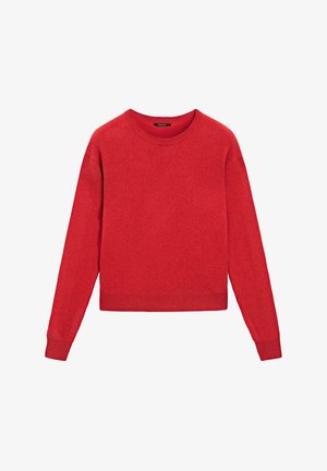 Czerwony sweter z długim rękawem i okrągłym dekoltem, z prążkowanymi mankietami i krawędzią, ułożony płasko na białym tle.