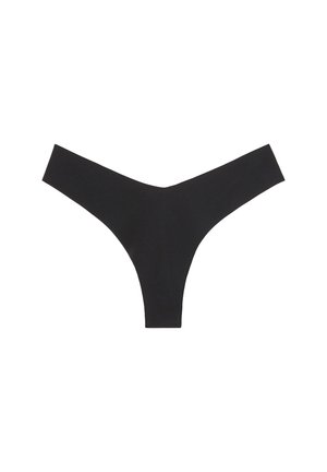 Schwarze Stringunterwäsche mit nahtlosem Design und weichem, dehnbarem Stoff. Der Bund ist breit und sorgt für Komfort und Unterstützung.