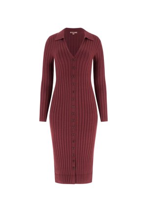 Bordeaux ribbed gebreide jurk met lange mouwen, V-hals en volledige knoopsluiting. Kenmerkt een getailleerde pasvorm en een lengte tot halverwege de kuiten.