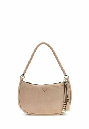 Piccola borsa a tracolla in pelle scamosciata beige con manico imbottito, logo triangolare, chiusura a cerniera e nappine decorative sul lato.