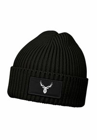 Black knit beanie with ribbed texture and a fold-over cuff. Features a rectangular black patch with a white deer head graphic.