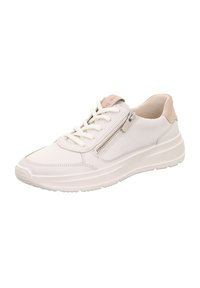 Białe skórzane trampki z teksturowanym szarym paskiem na pięcie i bocznym zamkiem, z białymi sznurówkami i miękką podszewką. Niski profil podeszwy.