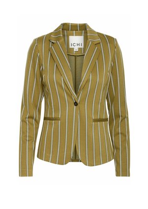 Senfgrüner Blazer mit vertikalen weißen Streifen. Taillierte Passform, Reverskragen und Knopfverschluss mit einfacher Reihe. Zwei Vordertaschen.
