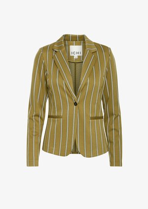 Sinā krāsā uzvalka žakete ar vertikālām baltām svītrām. Pielāgots piegriezums, izgriezti reveri un viena pogas aizdare. Divas priekšējās kabatas.