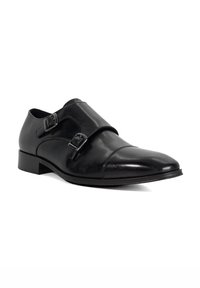 Black leather double-monk strap shoes with a sleek design, slightly pointed toe, and polished finish. Features two adjustable metal buckles.