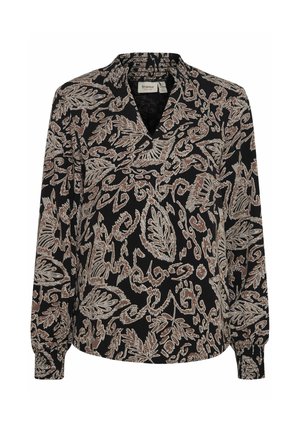 Černá halenka s dlouhým rukávem, s výstřihem do V, složitým květinovým a paisley vzorem v béžové a bílé barvě, se zřasenými manžetami a jemnou tkaninou.