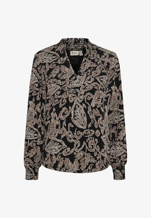 Černá halenka s dlouhým rukávem, s výstřihem do V, složitým květinovým a paisley vzorem v béžové a bílé barvě, se zřasenými manžetami a jemnou tkaninou.