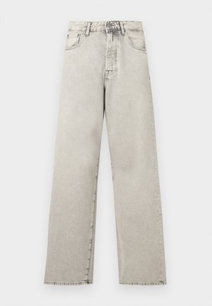 Blugi din denim gri deschis, cu talie înaltă și croială dreaptă, cu buzunare frontale, bucle pentru curea și închidere cu nasture și fermoar.