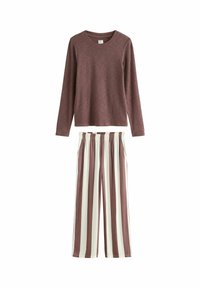 Completo per il tempo libero composto da due pezzi: top a maniche lunghe in borgogna con scollatura tonda; pantaloni a gamba larga a righe in borgogna e bianco.