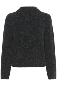 Pull en laine gris foncé, design court, manches longues, finition texturée, sans fermetures visibles, bords nets, style minimaliste.