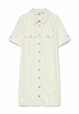 Kratke rokavi, obleka s gumbi v off-white denimu, z dvema žepoma na prsih in zavihanimi rokavi. Mehka tekstura z sproščenim krojem.