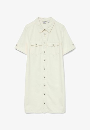 Kratke rokavi, obleka s gumbi v off-white denimu, z dvema žepoma na prsih in zavihanimi rokavi. Mehka tekstura z sproščenim krojem.