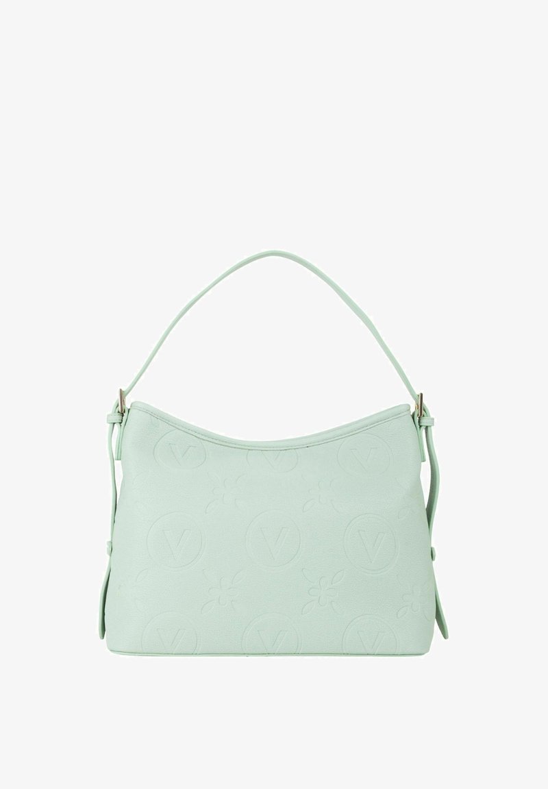 Sac à main en similicuir vert menthe avec une forme incurvée, des motifs floraux embossés et un logo, ainsi qu'une bandoulière unique réglable.
