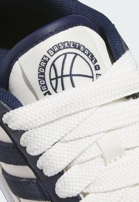 Modré a biele basketbalové topánky s textúrovaným zvrškom, bielymi šnúrkami a logom s basketbalom na jazyku.