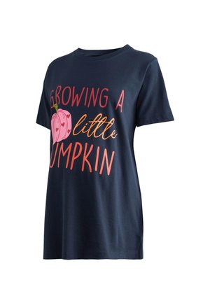 Granatowy bawełniany t-shirt z grafiką różowej dyni i napisem: "Rosnąca mała dynia" w pomarańczowej i czerwonej czcionce. Krótkie rękawy.