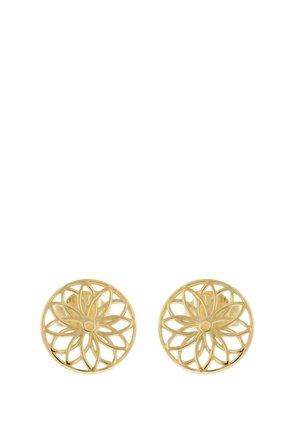 Round gold earrings with an openwork floral design featuring overlapping petals in a symmetrical pattern.