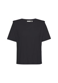 Svart t-shirt i slät tyg med avslappnad passform, korta ärmar och rundurringning. Har subtila axeldetaljer.