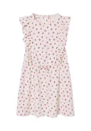 White sleeveless girls' dress with small red rose pattern, ruffled shoulders, and tie belt at waist.