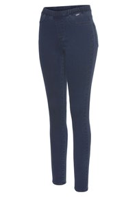 Dark blue stretchy jeans with a smooth texture, featuring an elastic waistband and slim fit. Includes side pockets and subtle stitching details.