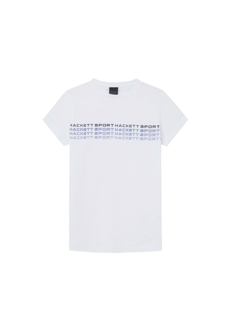 Biely bavlnený tričko s potlačou "HACKETT SPORT" v modrom opakujúcom sa vzore cez hruď. Krátke rukávy a design s okrúhlym výstrihom.