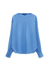 Pull bleu clair à manches longues avec encolure ronde et poignets légèrement évasés, confectionné en tissu tricoté doux, présenté sur fond blanc.
