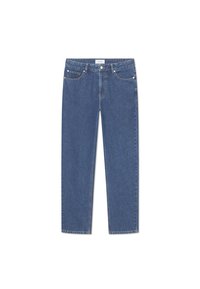 Blaue Jeans aus Denim mit geradem Schnitt, fünf Taschen, Frontknopfverschluss und kontrastierender Naht. Glatte Textur und klassisches Design.