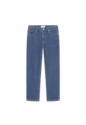 Blauwe denim jeans met een rechte snit, vijf zakken, sluiting met een knoop aan de voorkant en contrasterende stiksels. Soepele textuur en klassiek ontwerp.