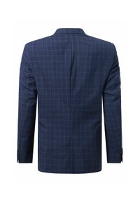 Marineblaues karierter Blazer mit strukturierten Schultern, einem Schlitz hinten und geknöpften Manschetten. Hergestellt aus glattem Stoff mit einer subtilen Textur.