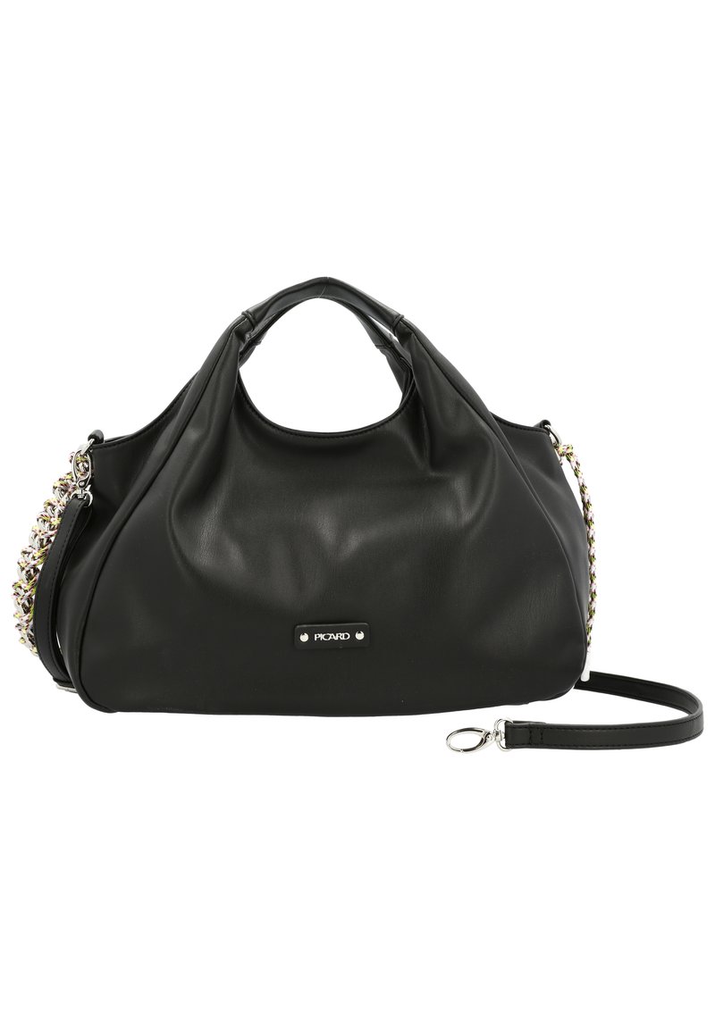 Sac à main en cuir noir avec une texture lisse, une forme arrondie, des poignées doubles et une bandoulière amovible ornée d'accents de chaîne colorés.