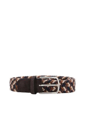 Woven fabric belt featuring brown, cream, and navy colors, with a silver metal buckle and a suede keeper loop.