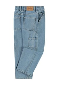 Pantaloni cargo in denim azzurro chiaro con molteplici tasche, gambe dritte e una toppa in pelle marrone del marchio sulla vita.