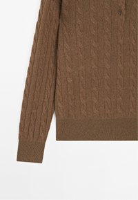 Brauner Kabelstrickpullover mit geripptem Saum und Bündchen, mit einem Knopf auf der Vorderseite. Weiche Textur und warmes Material.