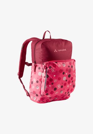 Zaino rosso e rosa con cima con zip e tasca frontale, caratterizzato da un motivo di punti multicolori. Spallacci regolabili.