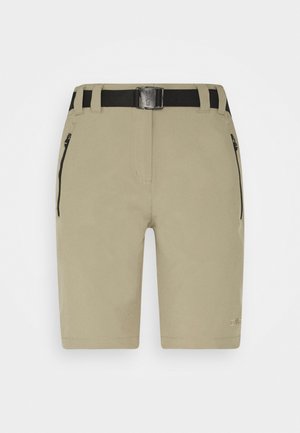 Herren Shorts in hellem Khaki, aus glattem Stoff gefertigt. Sie verfügen über einen verstellbaren schwarzen Gürtel, zwei seitliche Reißverschlusstaschen und eine tonale Naht.