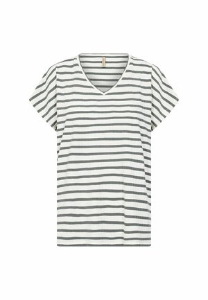 Röstripeeritud puuvillane T-särk V-kaeluse ja lühikeste varrukatega, vahelduvate tumehallide ja valgete horisontaalsete triipudega.