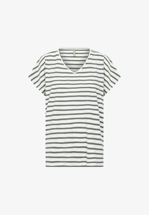 Röstripeeritud puuvillane T-särk V-kaeluse ja lühikeste varrukatega, vahelduvate tumehallide ja valgete horisontaalsete triipudega.