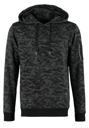 Hætte sweatshirt i sort og grå camouflage mønster, lavet af blødt stof, med en frontlomme og en lynlåslomme på ærmet.