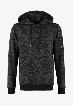 Hooded sweatshirt in black and gray camouflage pattern, made of soft fabric, featuring a front pocket and a zippered sleeve pocket.