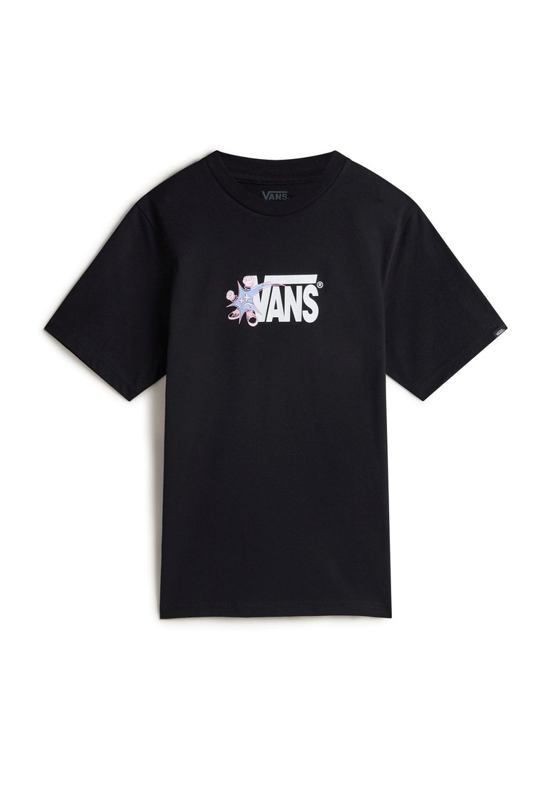 Sort bomulds T-shirt med et hvidt og pastelfarvet grafisk logo på brystet med blomsterdekorationer. Korte ærmer og rund halsudskæring.