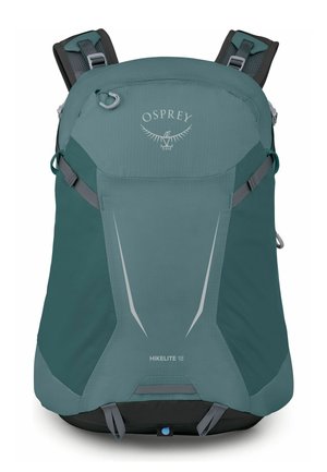 Zaino da escursionismo Teal Osprey Hikelite 18 con spallacci imbottiti, tasca frontale con zip e dettagli riflettenti.