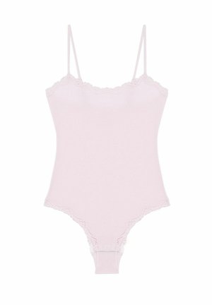 Lyserød bodysuit med blondekanter, tynde justerbare stropper og trykknapper ved skridtet, designet til kvinders lingeri.