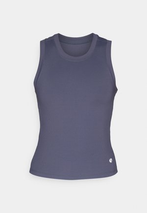 Débardeur ajusté sans manches en tissu côtelé bleu marine, avec un col arrondi et un ourlet arrondi. Présente un petit logo au niveau de l'ourlet.