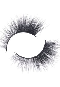 Black false eyelashes with a wispy texture and varying lengths, featuring a flexible band for easy application.