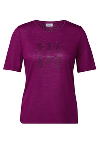 T-shirt violet à manches courtes avec une coupe décontractée et une finition texturée, comportant un design graphique noir avec le texte "BREEZE".