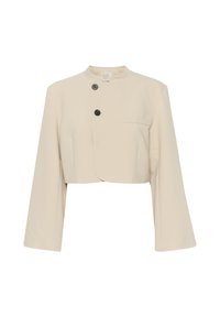 Beige Jacke mit hohem Kragen, langen Ärmeln, zwei schwarzen Knöpfen und einer Brusttasche. Glatte Textur mit minimalistischer Gestaltung.